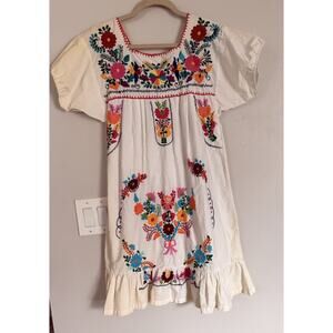 Vtg Mexican Embroidered Puebla Oaxacan Dress Peasant Midi Boho Birds Ruffle Sz S